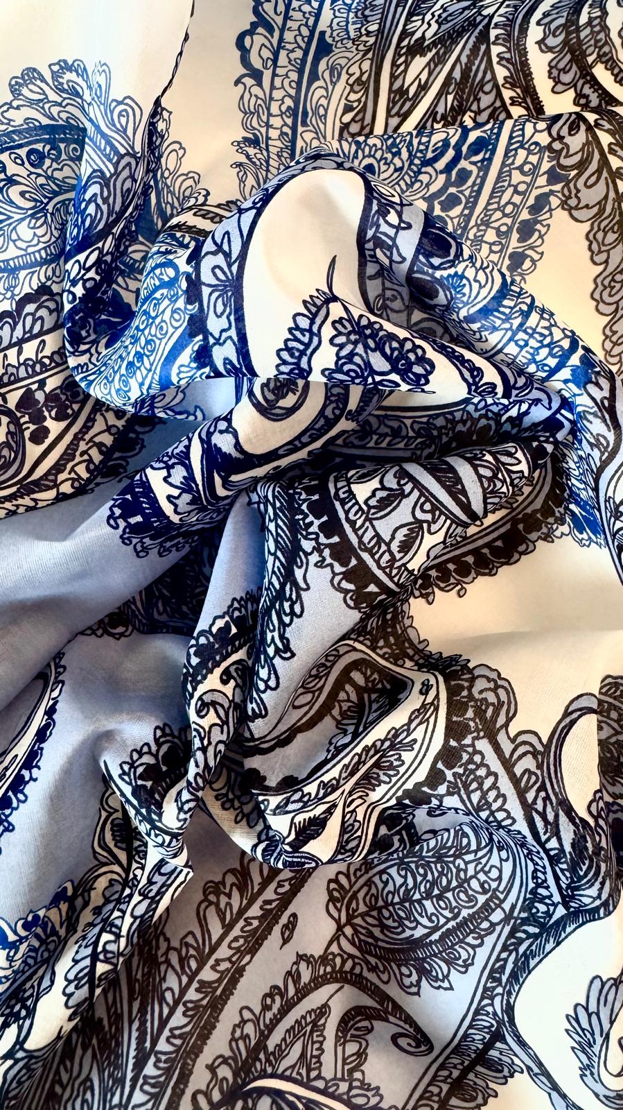 Cotton muslin flowers paisley white blue