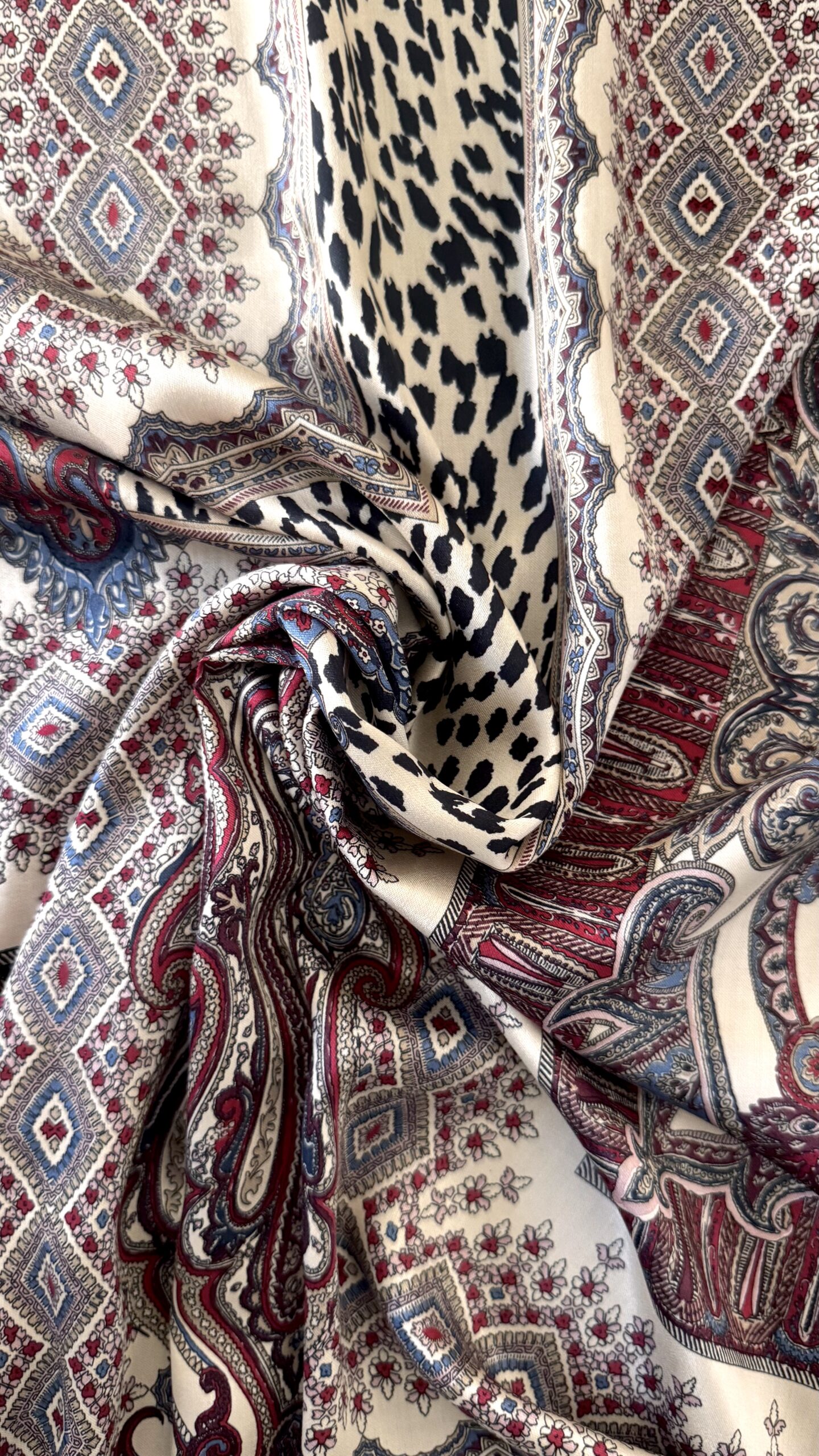 Viscose satin with gothic bandana pattern